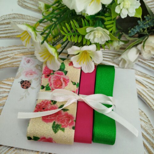 Kit de Fitas Lurex Floral Rosas e Gorgurão Pink e Verde