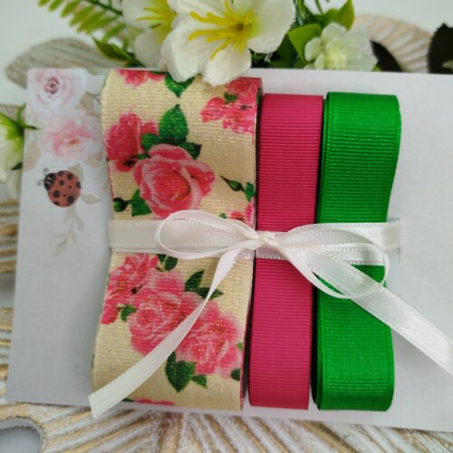 Kit de Fitas Lurex Floral Rosas e Gorgurão Pink e Verde