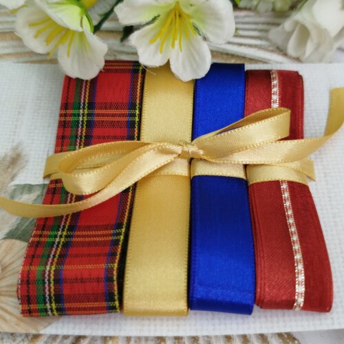 Kit de Fitas Natal Xadrez Tartan Dourado, Azul Royal Vermelho