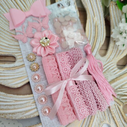 Cartela de Aviamentos e Enfeites Coordenados Rosa - Kit Fracionado Scrapbook e Artesanato