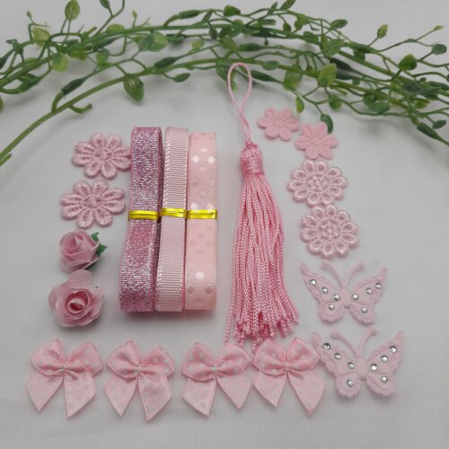 Cartela de Fitas e Aviamentos Coordenados Rosa - Kit Fracionado Scrapbook e Artesanato