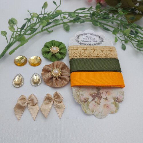 Kit de Aviamentos Coordenados Bege, Verde e Laranja para Artes e