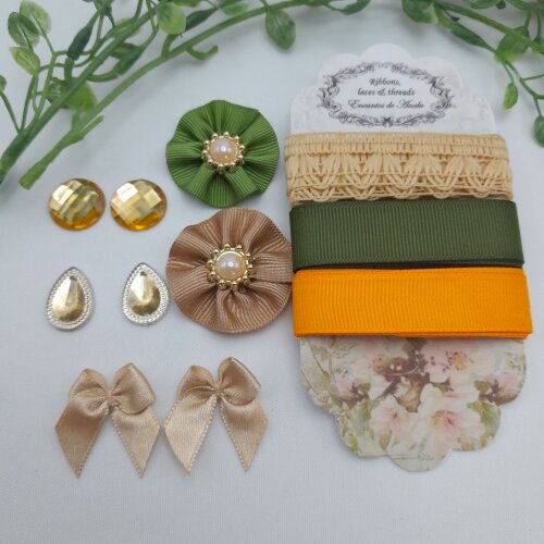 Kit de Aviamentos Coordenados Bege, Verde e Laranja para Artes e