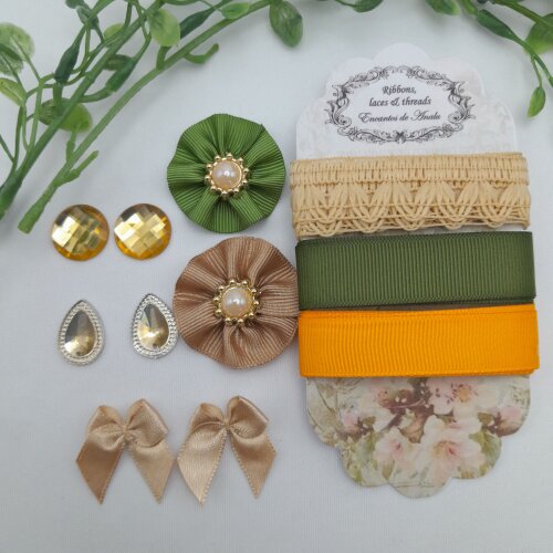 Kit de Aviamentos Coordenados Bege, Verde e Laranja para Artes e