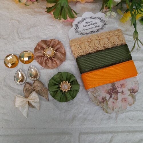Kit de Aviamentos Coordenados Bege, Verde e Laranja para Artes e Scrap