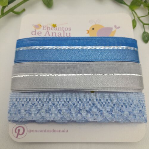 Cartela de Renda e Fitas Azuis para Scrapbook e Artesanato