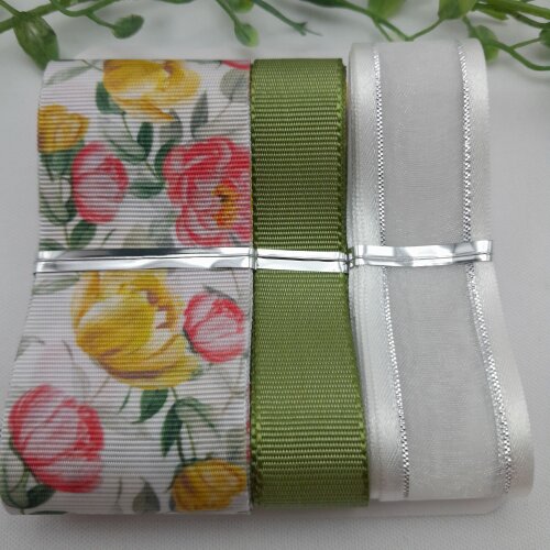 Kit Fitas Flores Amarela e Coral, Fita Branca e Gorgurão Verde