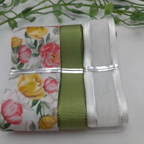 Kit Fitas Flores Amarela e Coral, Fita Branca e Gorgurão Verde