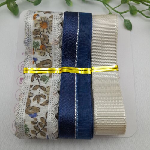 Kit de Fitas Estampa Flores Coloridas Azuis, Laranja e Bege Escur