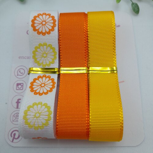 Kit Coordenado de Fita Amarela e Laranja com Estampa Margaridas
