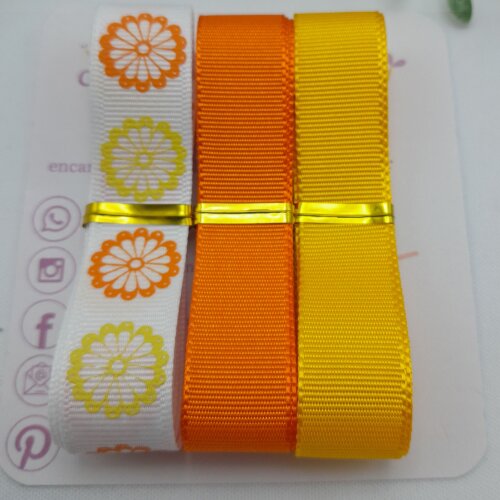 Kit Coordenado de Fita Amarela e Laranja com Estampa Margaridas