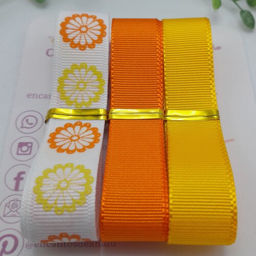 Kit Coordenado de Fita Amarela e Laranja com Estampa Margaridas
