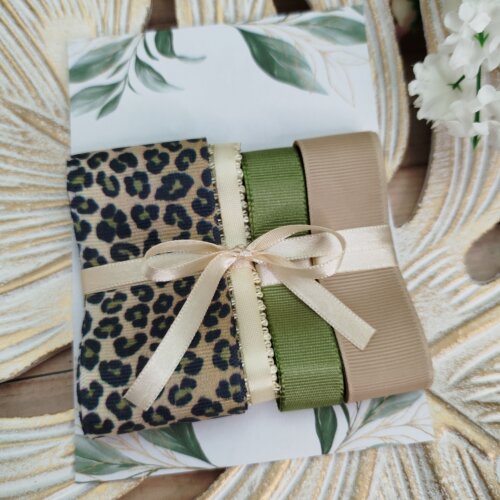 Kit de Fitas Animal Print Onça — Gorgurão Estampado, Cetim Marfim e Verde
