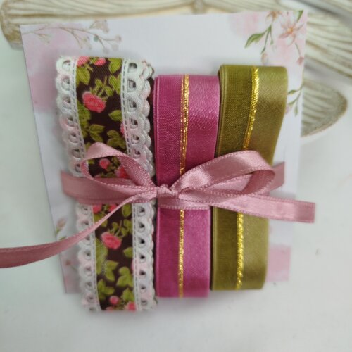 Kit de Fitas Poliester Floral, Cetim Rosé e Verde Oliva