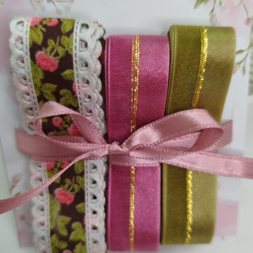 Kit de Fitas Poliester Floral, Cetim Rosé e Verde Oliva