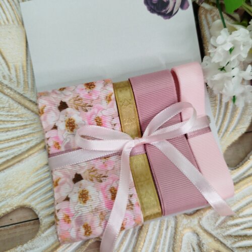 Kit de Fitas Floral Rosa Chá — Gorgurão Estampado, Lisos e Cetim dourado