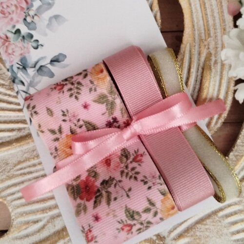 Kit de Fitas Floral Rosa Chá: Gorgurão e Cetim Marfim com Fio Dourado