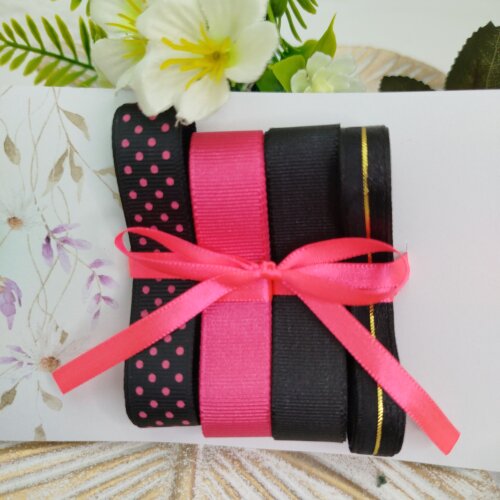 Kit de Fitas Preto e Pink Poá — Gorgurão e Voil com Cetim