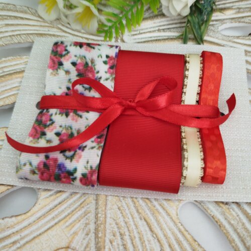 Kit de Fitas Coordenadas Flores Vermelho, Cetim Marfim e Vermelho Poá