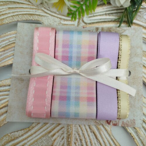 Kit de Fitas Xadrez Candy Color Pastel — Rosa Plissada, Lilás e Cetim Marfim