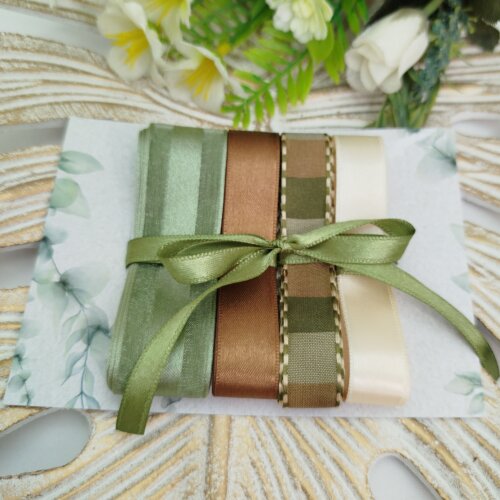Kit de Fitas Tons Terrosos — Voil com Cetim Verde, Cetim Marrom, Marfim, Listrada Degradê