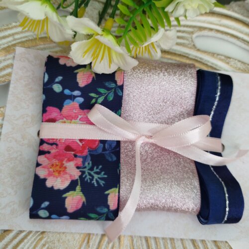 Kit de Fitas Floral Azul Marinho e Lurex Rosa Cha