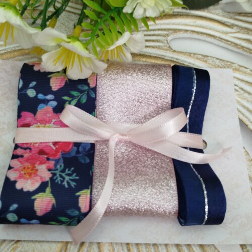 Kit de Fitas Floral Azul Marinho e Lurex Rosa Cha