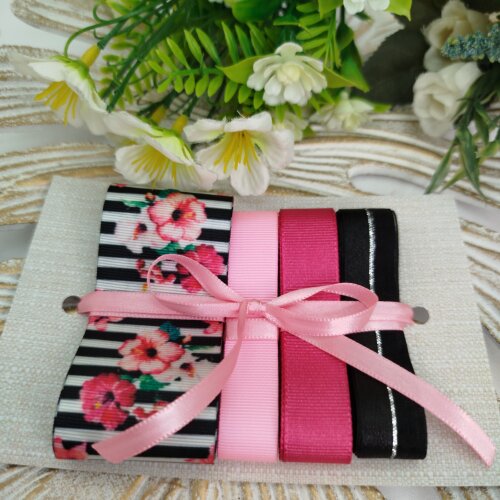 Kit de Fitas Floral Listrado Preto e Branco — Gorgurão Pink, Rosa e Voil com Cetim
