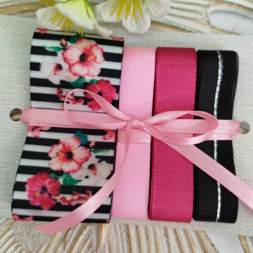 Kit de Fitas Floral Rosa Pink  e  Listras Preto e Branco