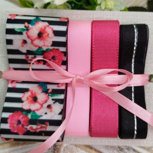 Kit de Fitas Floral Rosa Pink  e  Listras Preto e Branco