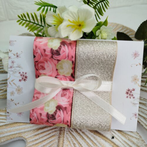 Kit de Fitas Floral Rosas — Gorgurão Estampado e Lurex Champanhe