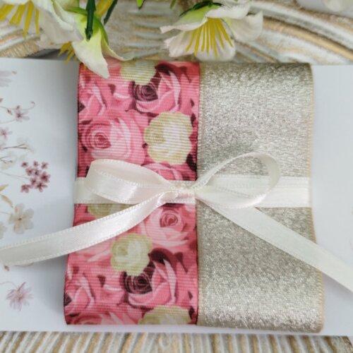 Kit de Fitas Floral Rosas Gorgurão Estampado e Lurex Champanhe