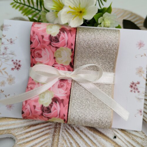 Kit de Fitas Floral Rosas Gorgurão Estampado e Lurex Champanhe