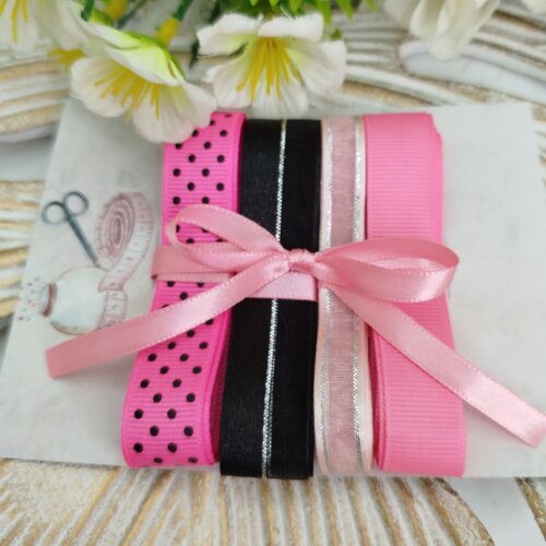 Kit de Fitas Rosa Pink e Preto Poá — Gorgurão, Voil com Cetim e Fio Prata
