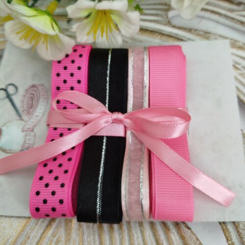 Kit de Fitas Rosa,Preto, Poá: Gorgurão, Voil e Cetim