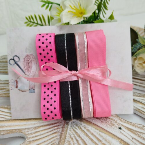 Kit de Fitas Rosa,Preto, Poá: Gorgurão, Voil e Cetim