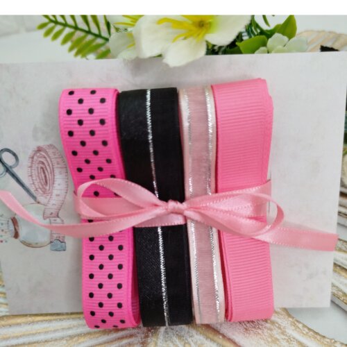 Kit de Fitas Rosa,Preto, Poá: Gorgurão, Voil e Cetim