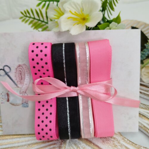 Kit de Fitas Rosa,Preto, Poá: Gorgurão, Voil e Cetim