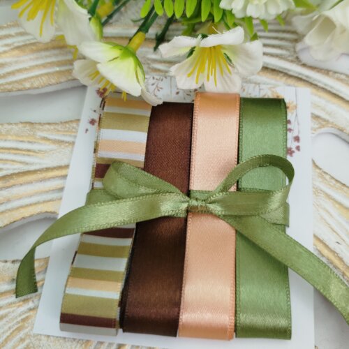 Kit de Fitas Cetim Listrado, Marrom, Coral e Verde Musgo