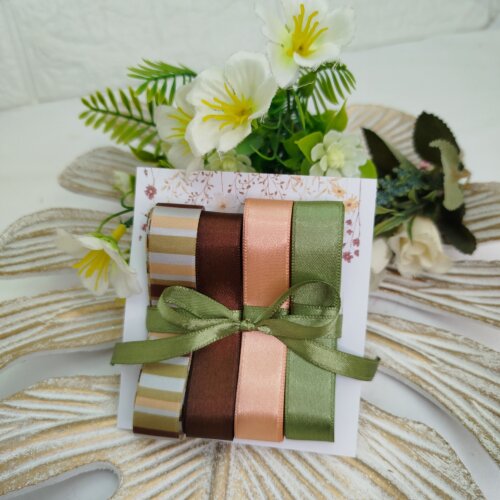 Kit de Fitas Cetim Listrado, Marrom, Coral e Verde Musgo