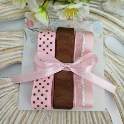 Kit de Fitas Poá Rosa e Marrom — Gorgurão Bolinhas, Liso e Voil com Cetim