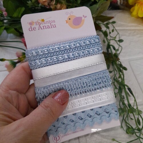Kit de 5 Aviamentos Coordenados Azul Claro e Branco