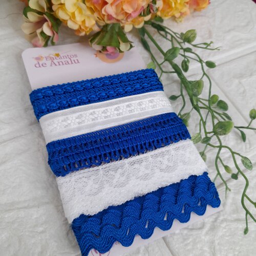 Kit de Aviamentos Azul Royal e Branco: Sianinha, passamanaria, po