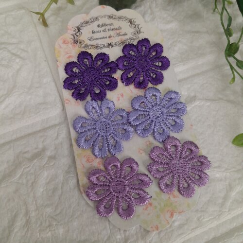 Florzinha Guipure Tons de Lilas, Lavanda  e Roxo Degrade para Artesanato e Scrapbook