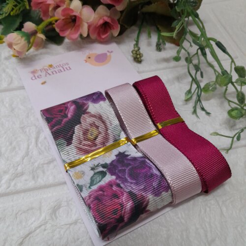 Kit de Fitas Floral Rosas — Gorgurão Estampado, Framboesa e Rosa Antigo
