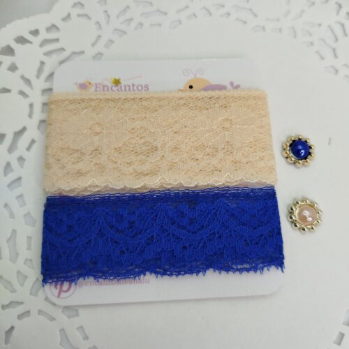 Kit de Rendas Azul e Bege e Chatons em Cores Coordenadas
