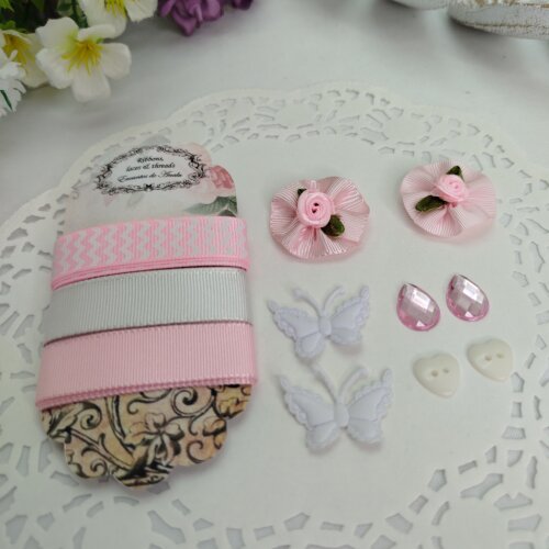 Kit de Aviamentos Coordenados Rosa e Branco para Artes e Scrap