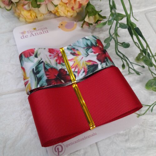 Kit de Fitas Gorgurão Estampa Floral Hibisco e Vermelha Lisa