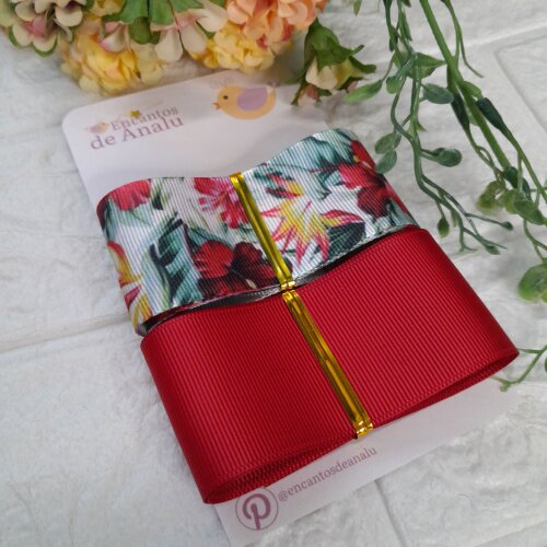 Kit de Fitas Gorgurão Estampa Floral Hibisco e Vermelha Lisa