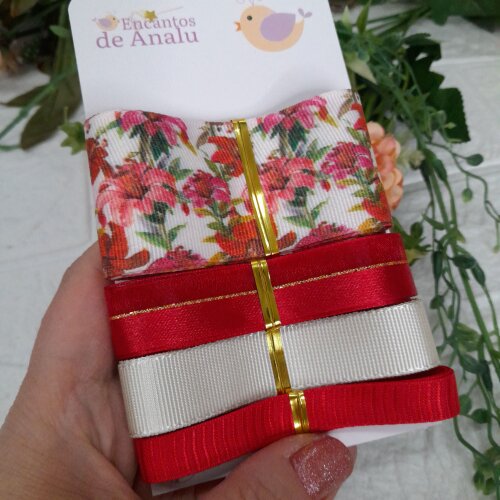 Kit de Fitas Gorgurão Estampa Hibisco Bege e  Vermelha